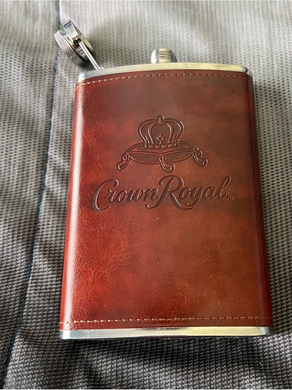 Crown Royal Brown Leather Hip Flask with Embossed Logo